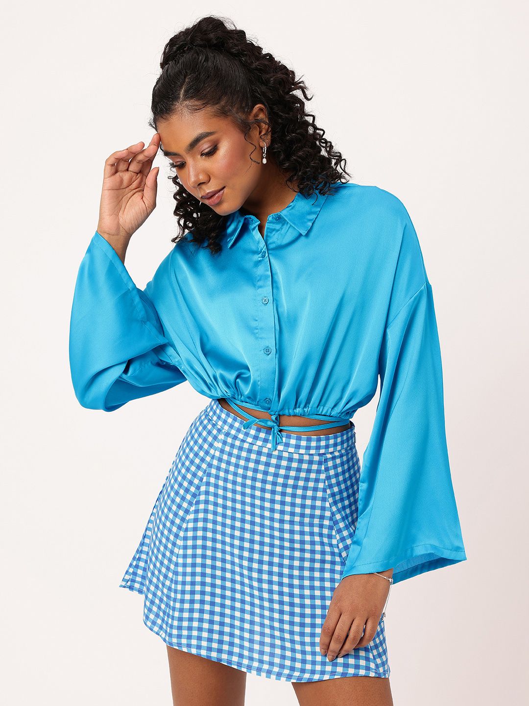 DressBerry Satin Spotlight Chic Blouson Shirt Style Crop Top