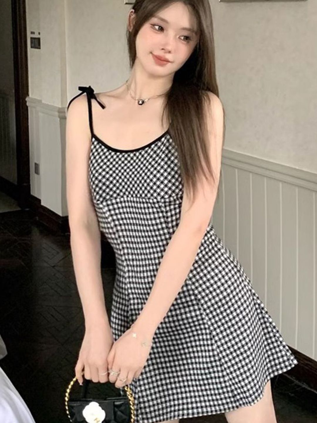 DressBerry Checked  Shoulder Straps Fit & Flare Mini Dress