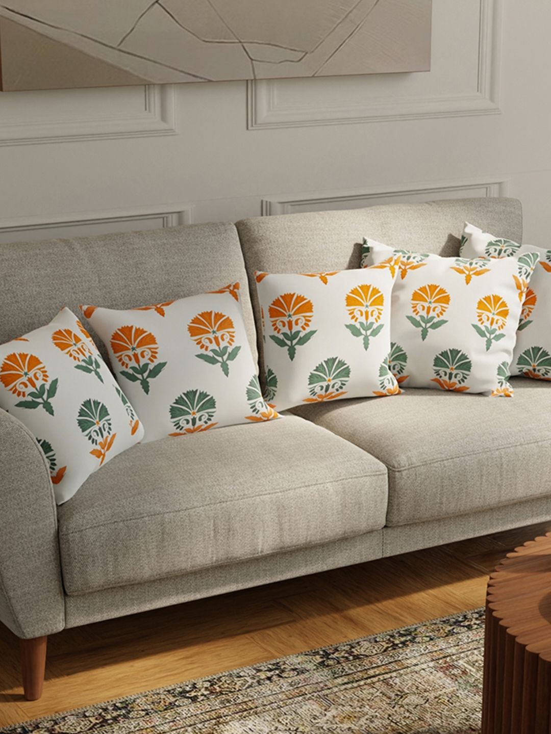 URBAN SPACE White & Orange 5 Pieces Floral Printed Cotton Square Cushion Covers