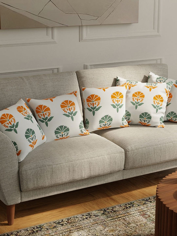 URBAN SPACE White & Orange 5 Pieces Floral Printed Cotton Square Cushion Covers