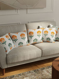 URBAN SPACE White & Orange 5 Pieces Floral Printed Cotton Square Cushion Covers