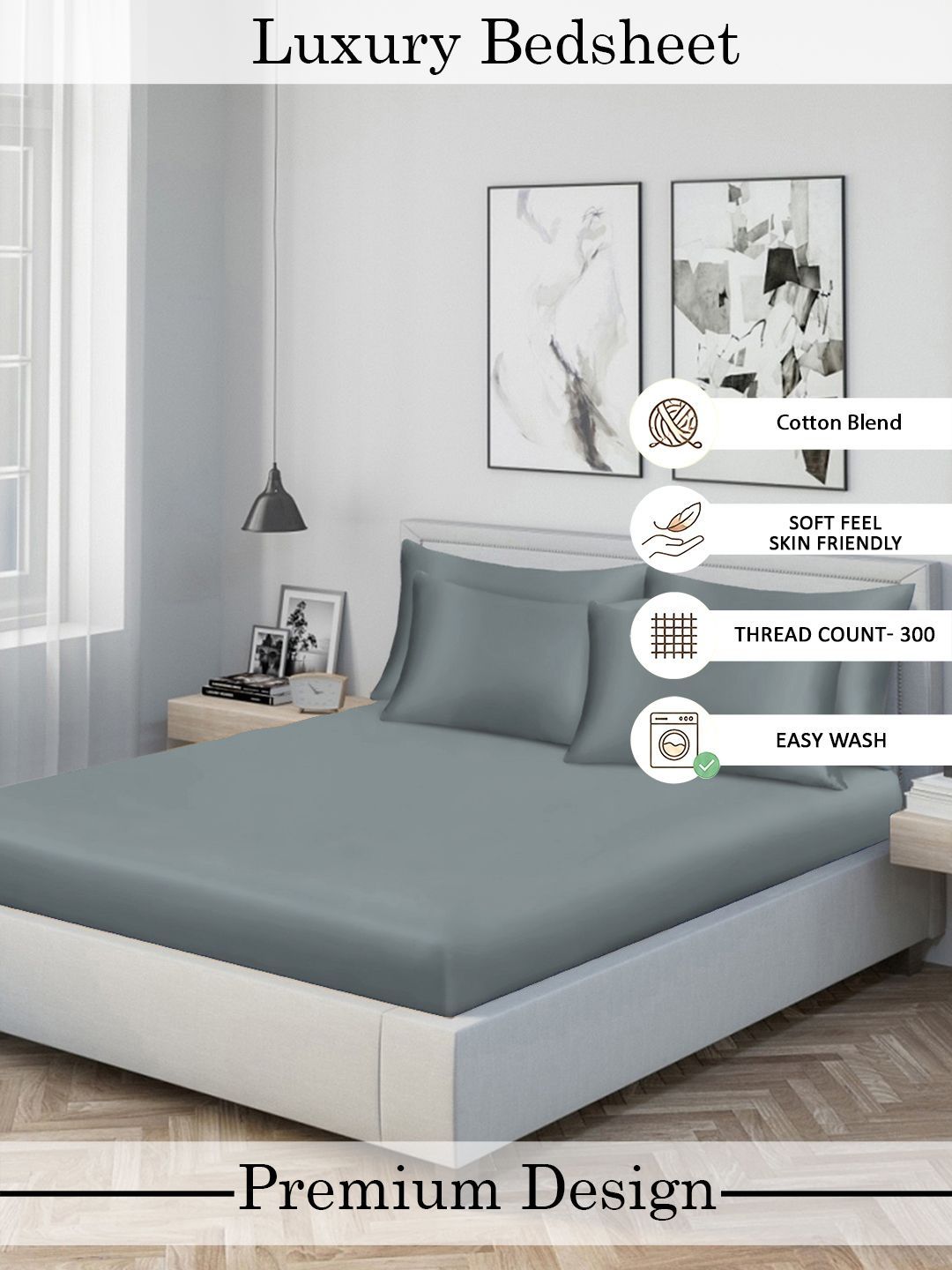 Myntra Elegant Homes Grey 300 TC King Double Bedsheet dengan 2 Sarung Bantal