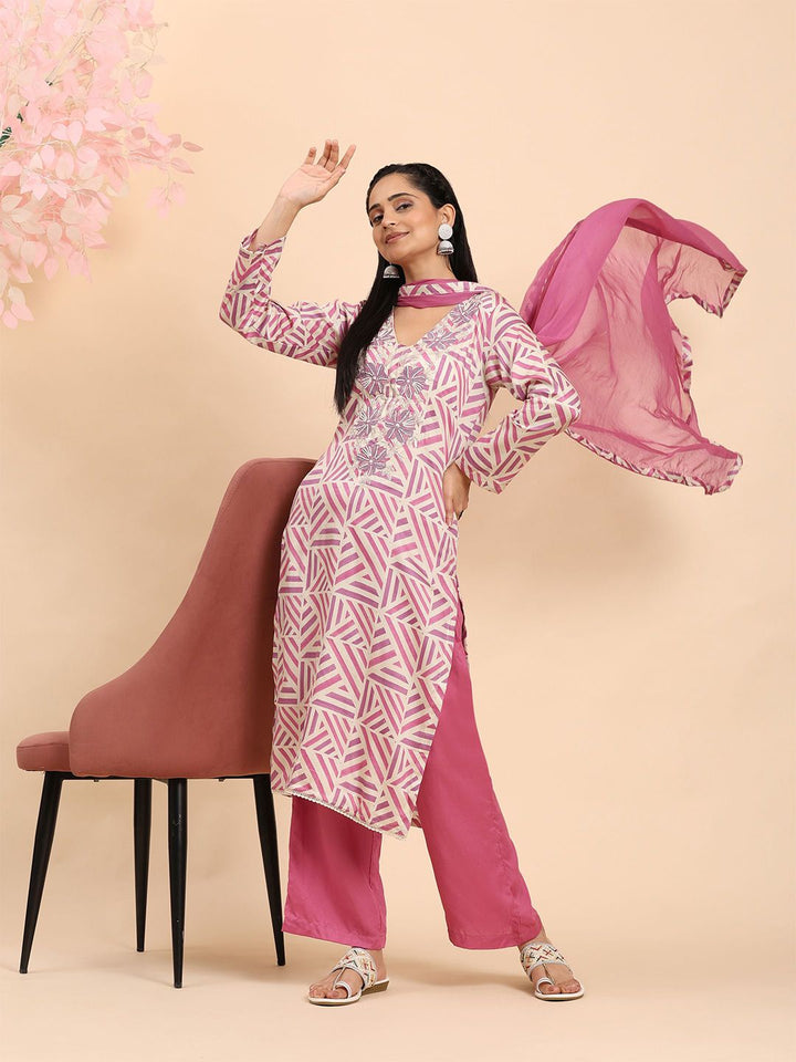 Mamicha Wanita Bercetak Kurta Kapas Tulen Biasa dengan Seluar & Dengan Dupatta