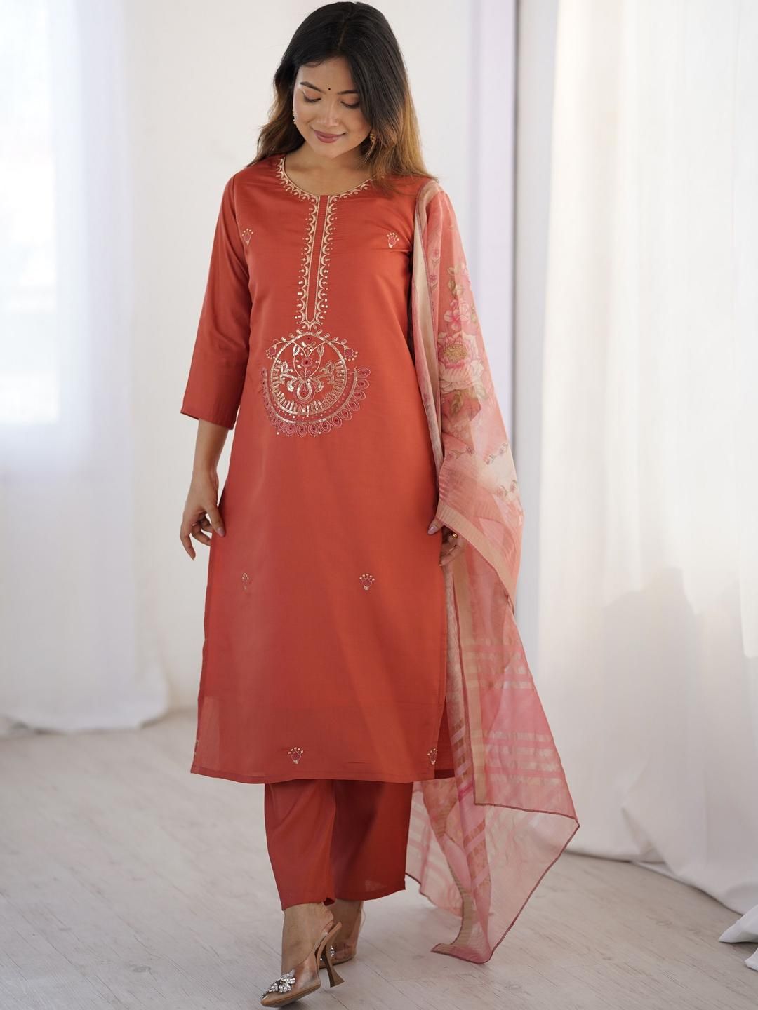 KALINI Women Embroidered Regular Thread Work Kurta with Trousers & With Dupatta