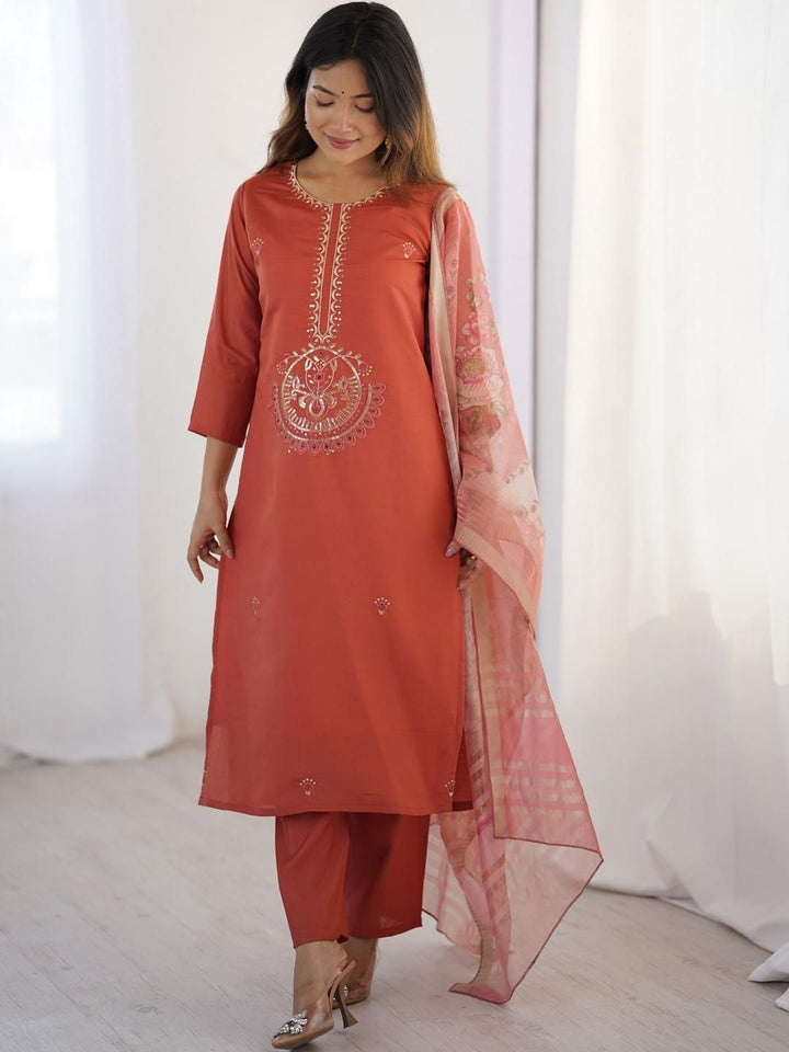 KALINI Women Embroidered Regular Thread Work Kurta with Trousers & With Dupatta