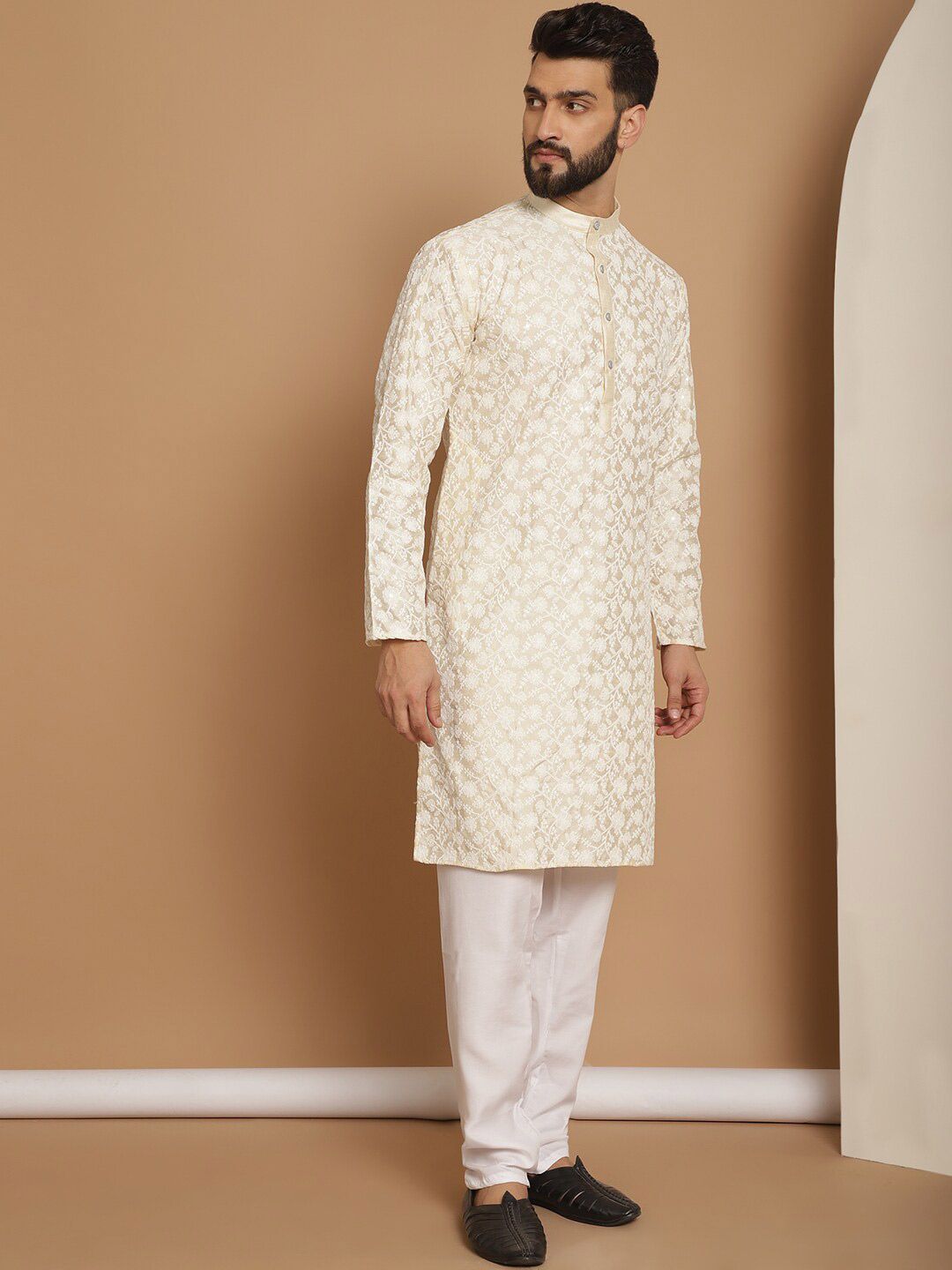 Anouk Floral Embroidered Band Collar Regular Kurta & Churidar