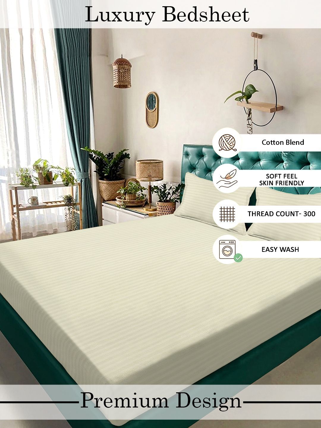 Myntra Elegant Homes Cream Striped 300 TC King Cadar Katil Double dengan 2 Sarung Bantal