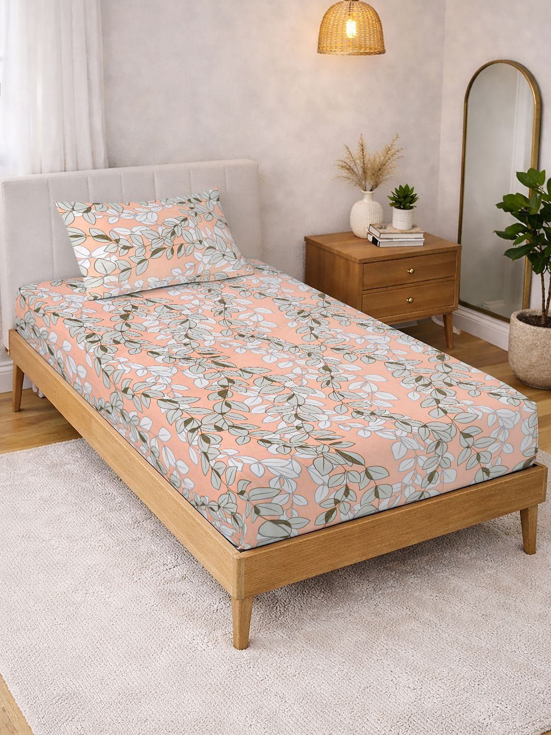 KLOTTHE Orange Color & White Printed 300 TC Single Bedsheet & Pillow Covers-2.25 m x 1.5 m