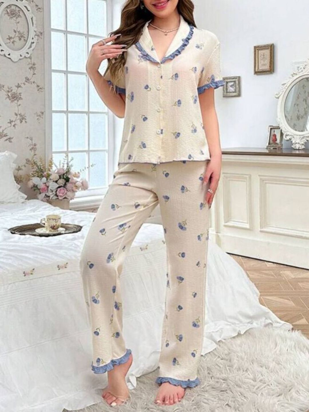 DressBerry Women Floral Printed Lapel Collar Shirt Pyjamas Night suit