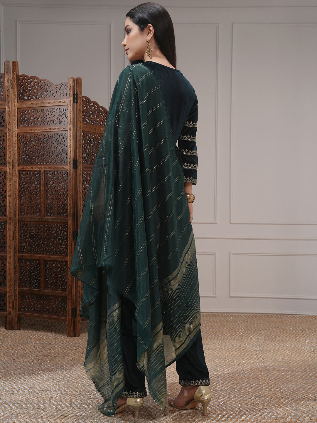 Vishudh Women Embroidered Velvet Gathe Kurta with Slim Palazzo & Dupatta