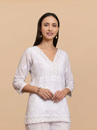 HOUSE OF KARI Floral Embroidered V-Neck Chikankari Pure Cotton Straight Kurti