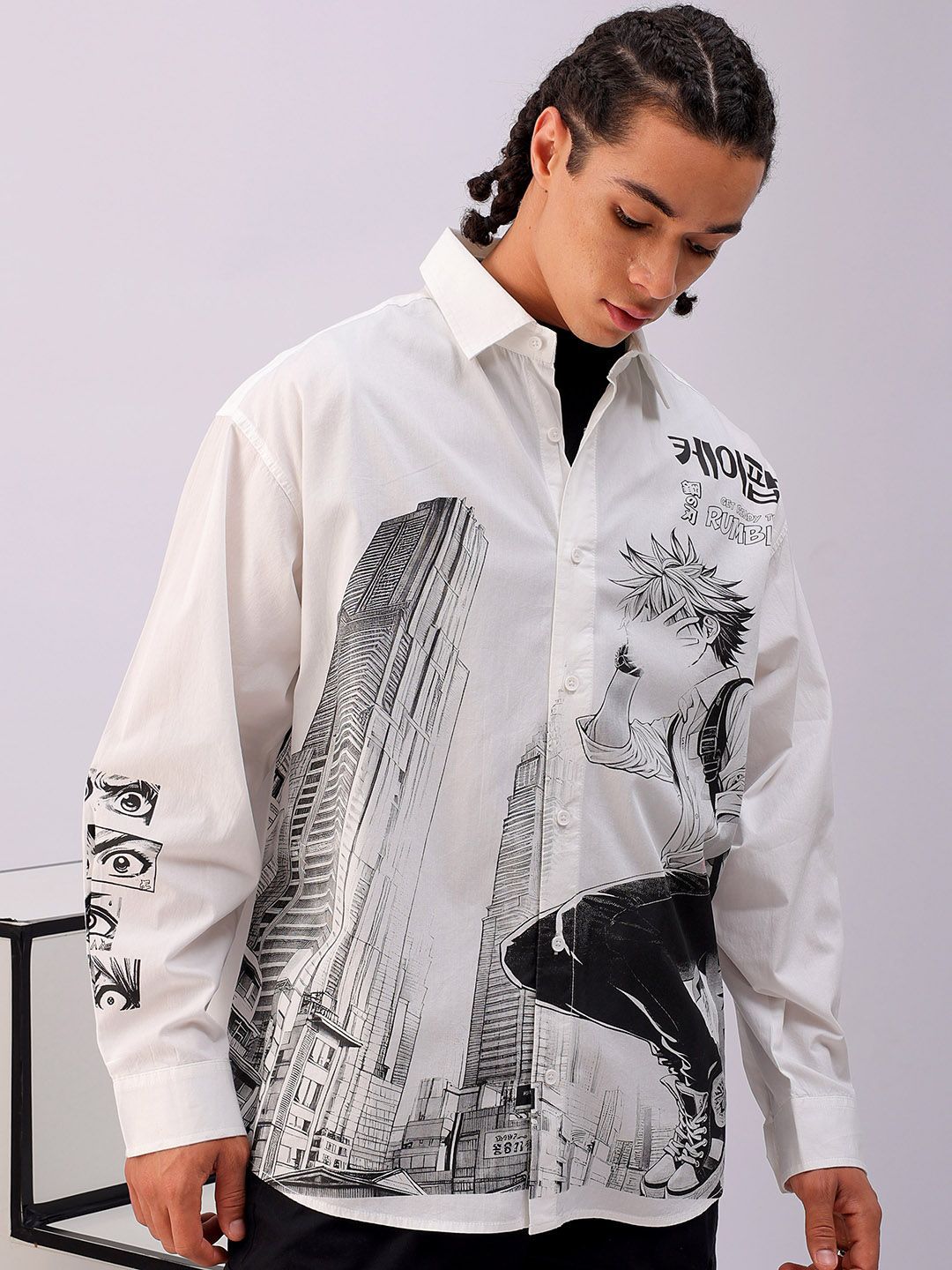 The Indian Garage Co Men Anime Printed Cotton Oversized Boxy Streetwear Shirt