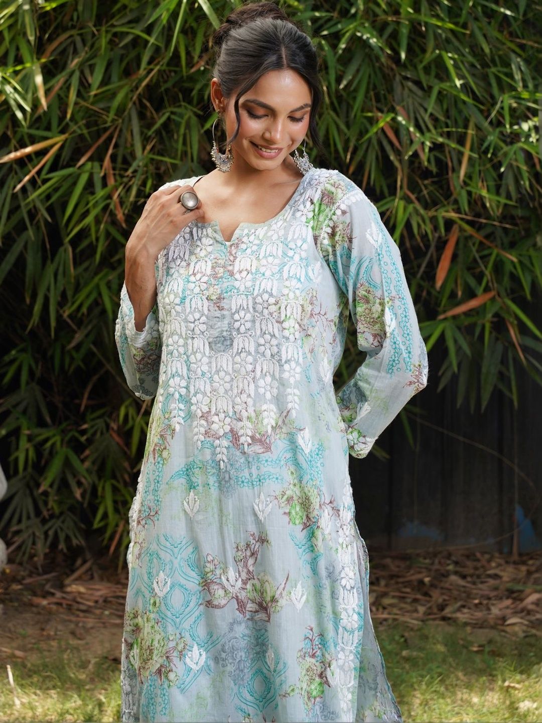 House of Chikankari Women Floral Printed Chikankari Indie Florals Kurta