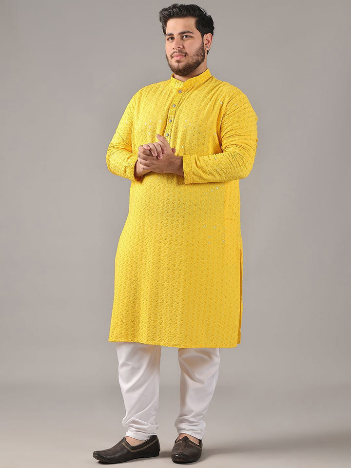 SOJANYA PLUS Plus Size Lelaki Motif Etnik Sulam Kapas Tulen Kurta Lurus & Piyama