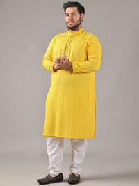 SOJANYA PLUS Plus Size Lelaki Motif Etnik Sulam Kapas Tulen Kurta Lurus & Piyama