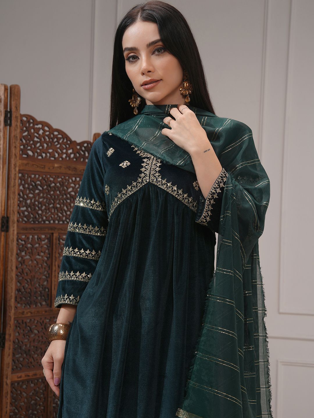 Vishudh Women Embroidered Velvet Gathe Kurta with Slim Palazzo & Dupatta