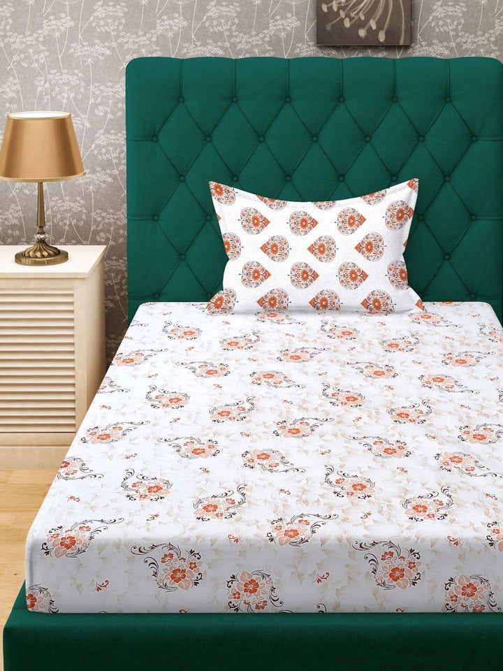 Myntra Elegant Homes White & Orange Floral 400 TC Single Bedsheet with 1 Pillow Covers