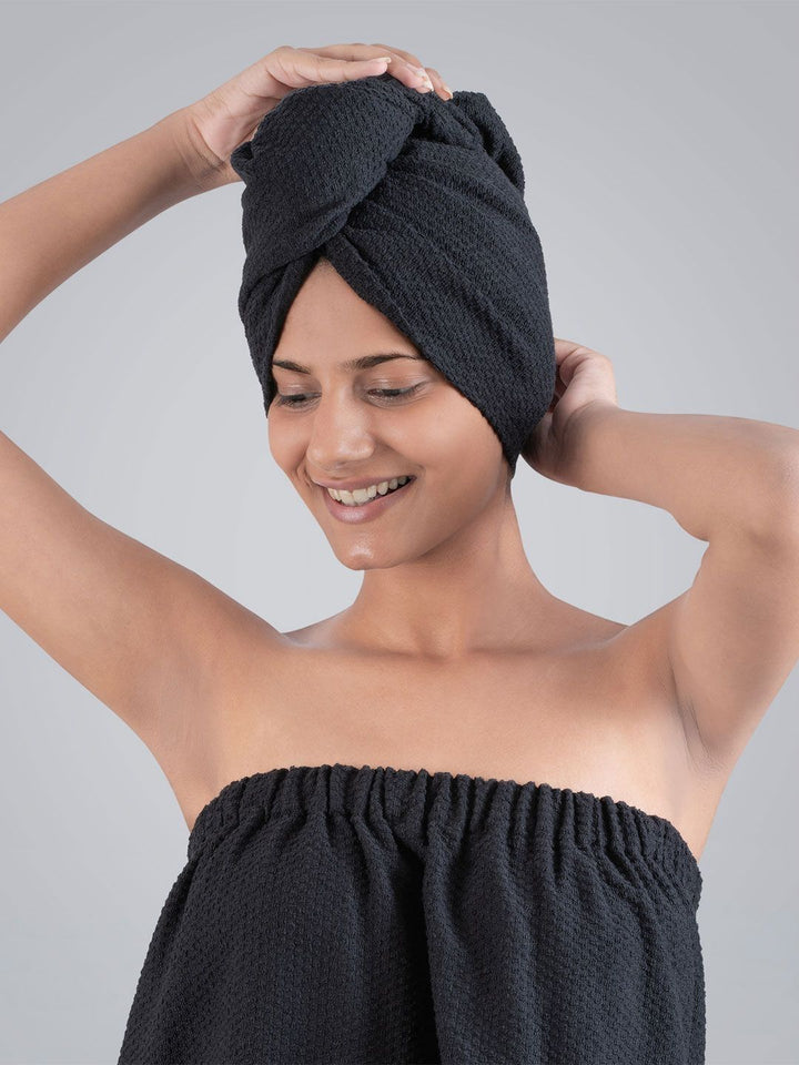 MYTRIDENT Black Cotton Bath Robe with head scarf