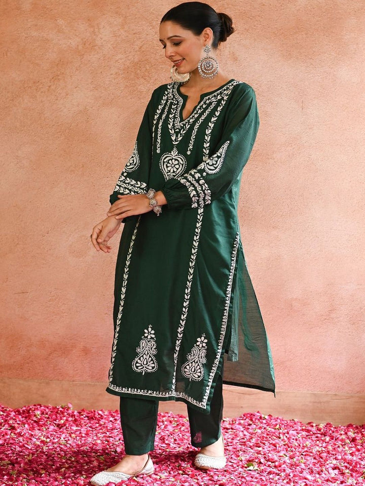 House of Chikankari Women Bottle Green Chanderi Chikankari Embroidered Kurta Set