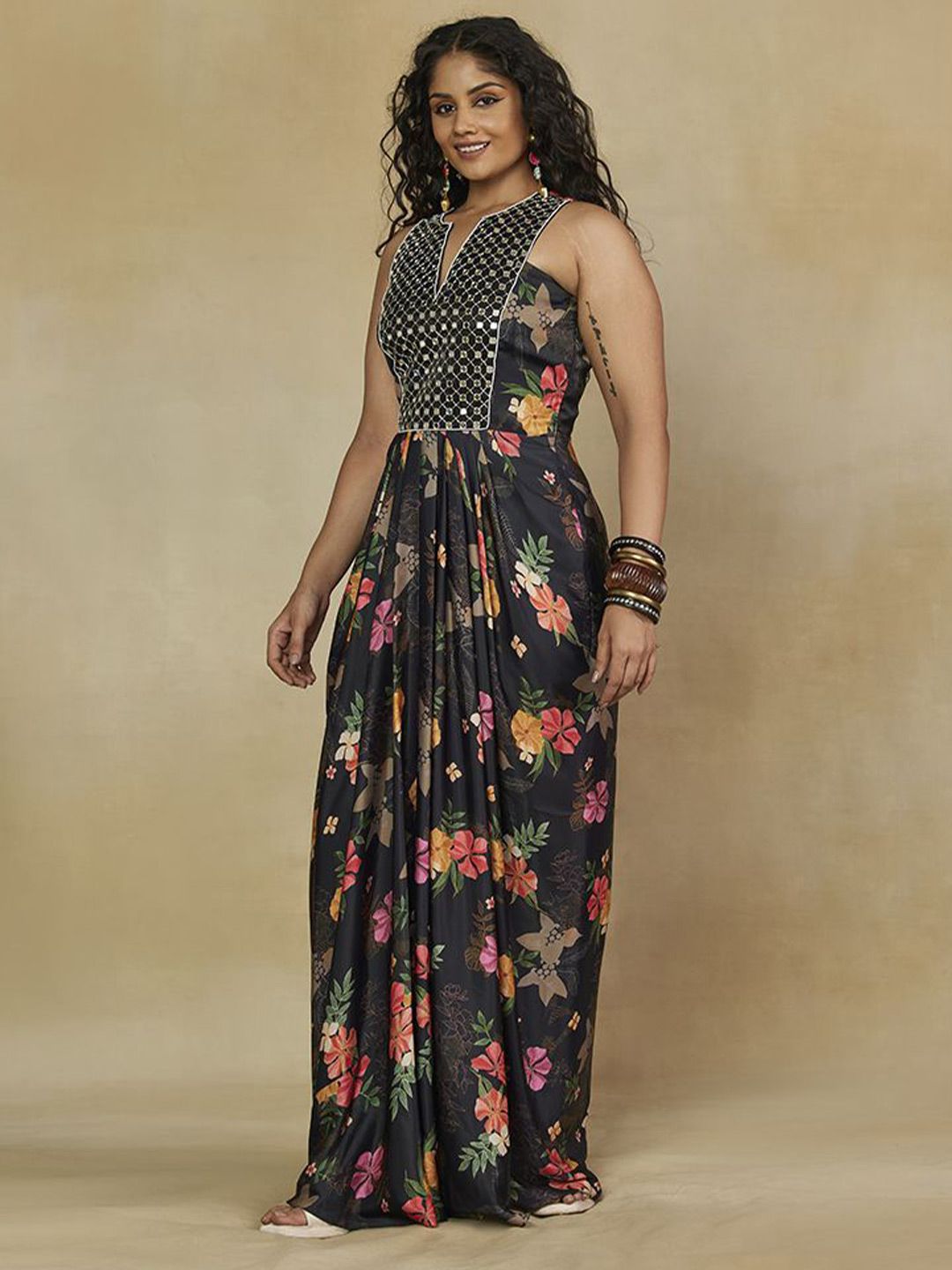 Pakaian Maxi Satin Bercetak Bunga Mamicha Wanita