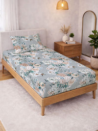 KLOTTHE Grey & White Printed 300 TC Single Bedsheet With Pillow Covers- 2.25 m x 1.5 m