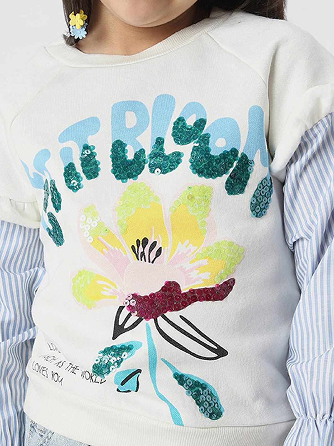 Nauti Nati Girls Graphic Printed Sweatshirt with Striped Sleeves