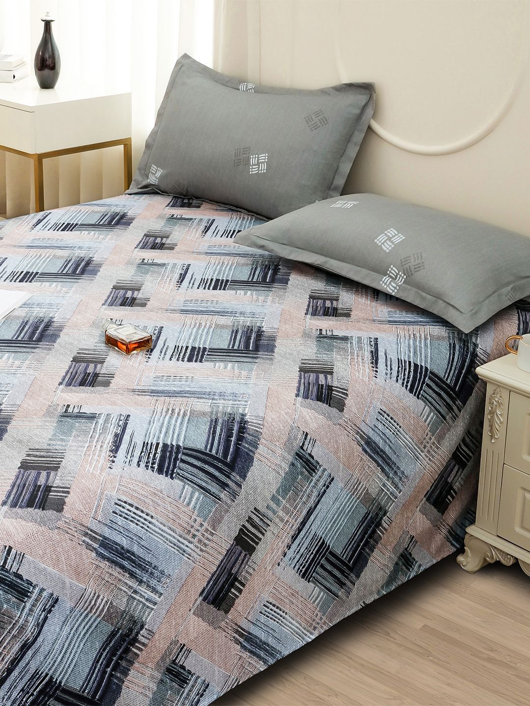 Story@home Grey Abstract Printed 240 TC Satin Finish Queen Bedsheet Set