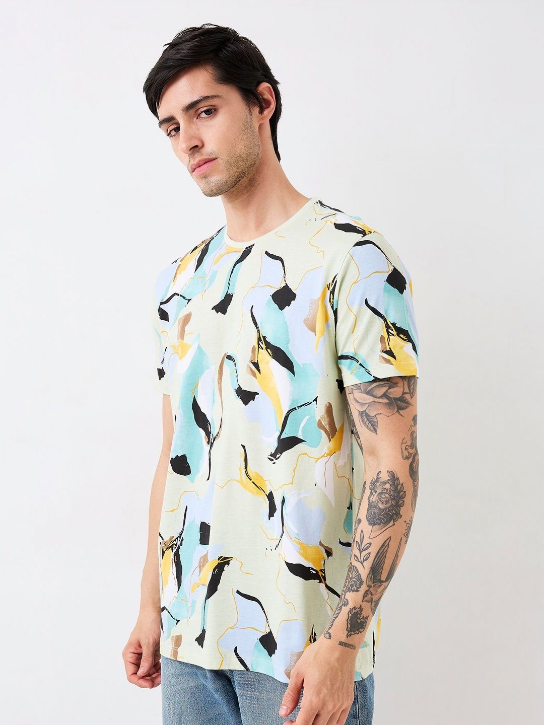 SPYKAR Men Abstract Printed Round Neck Cotton Slim Fit T-shirt