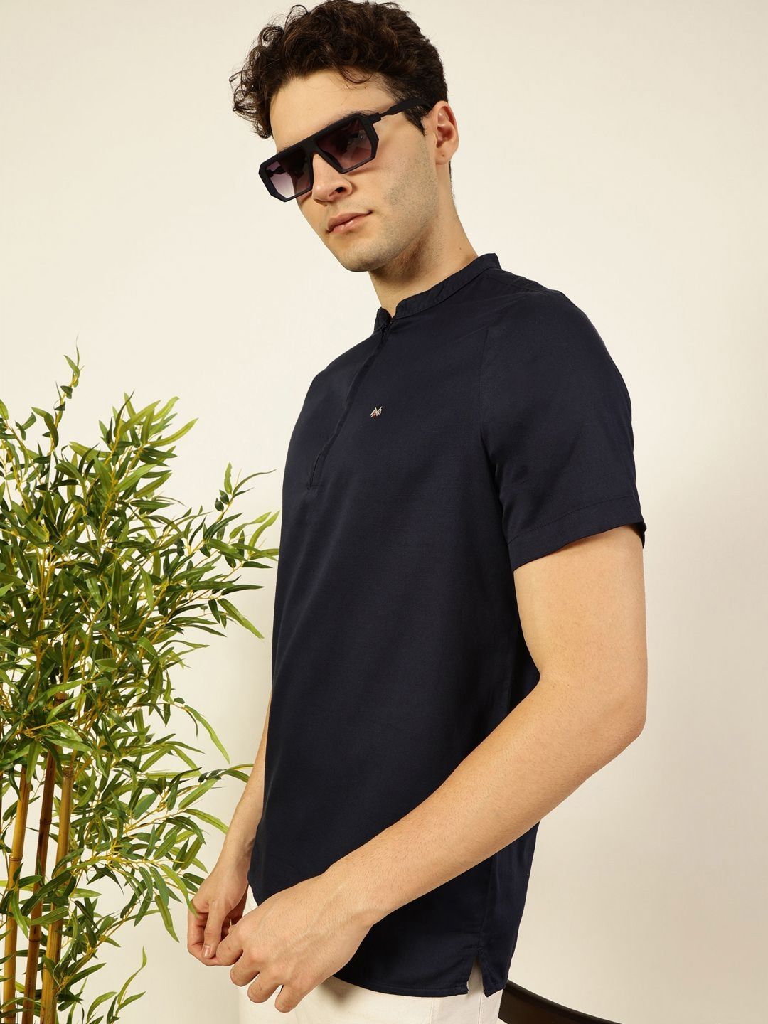 Thomas Scott Men Solid Mandarin Collar Cotton T-Shirt