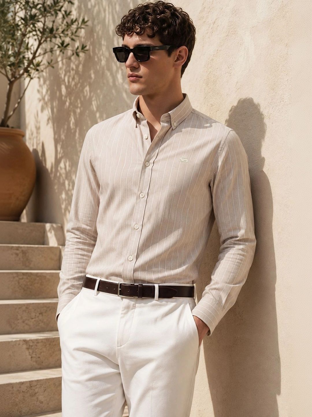 ADRO Men Beige Striped Regular Fit Casual Cotton Shirt