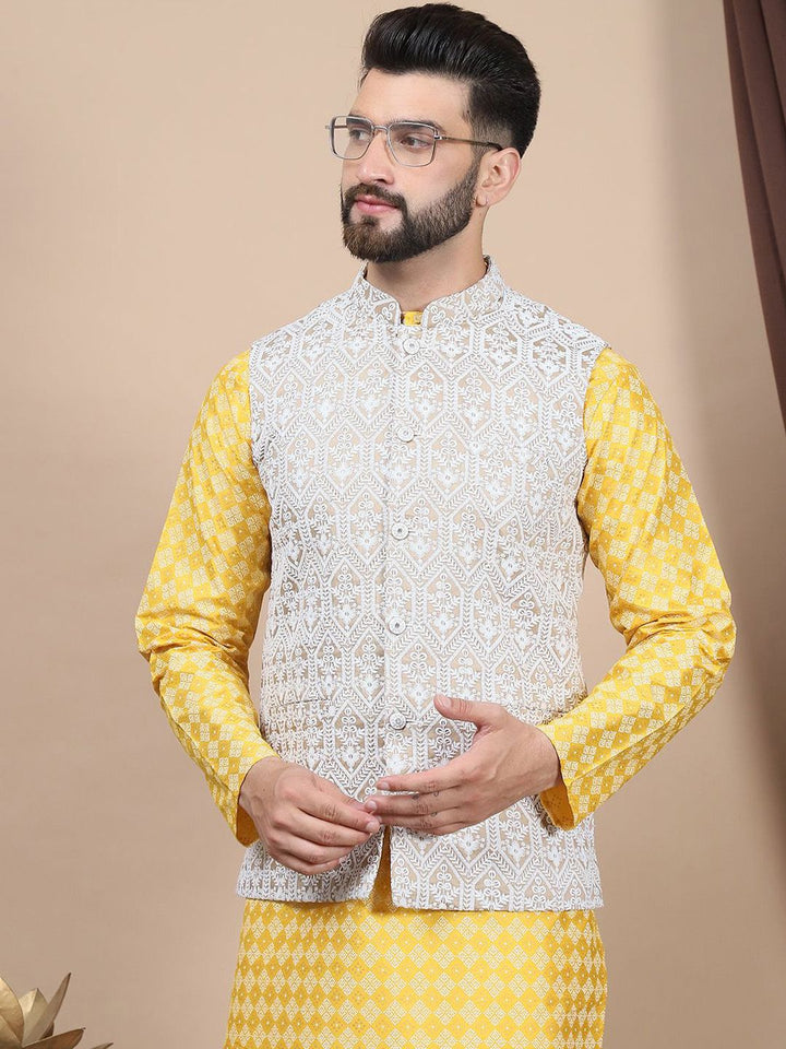 Anouk Floral Printed Regular Straight Kurta With Churidar & Nehru Jacket