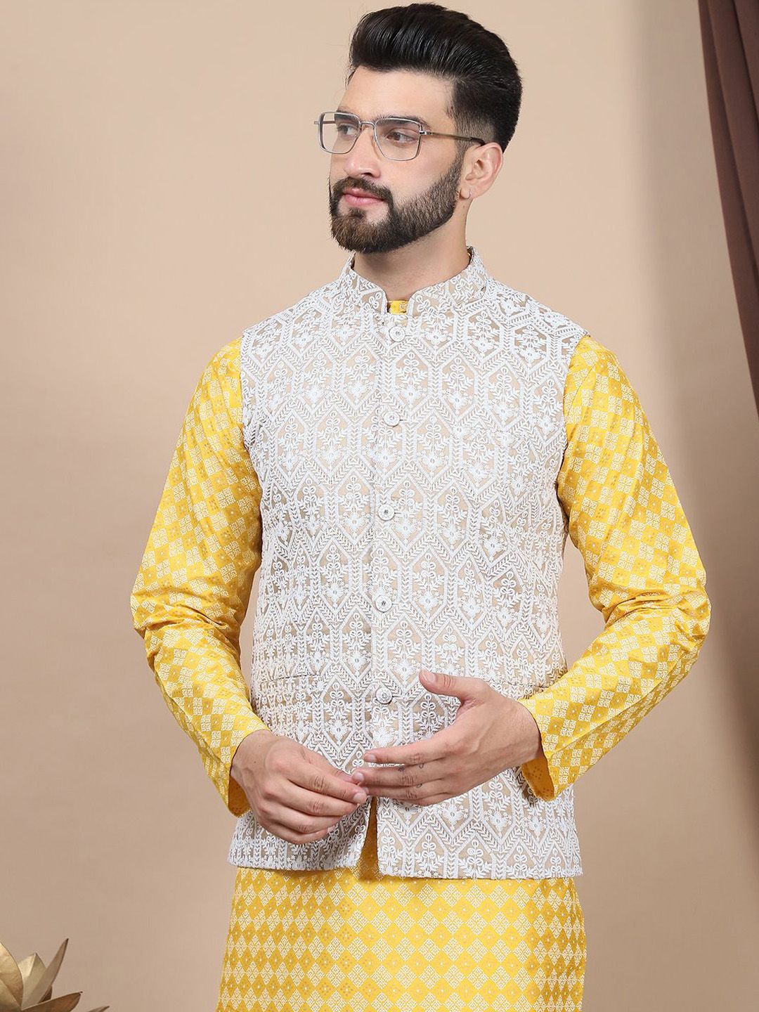 Anouk Floral Printed Regular Straight Kurta With Churidar & Nehru Jacket