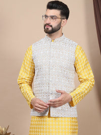 Anouk Floral Printed Regular Straight Kurta With Churidar & Nehru Jacket
