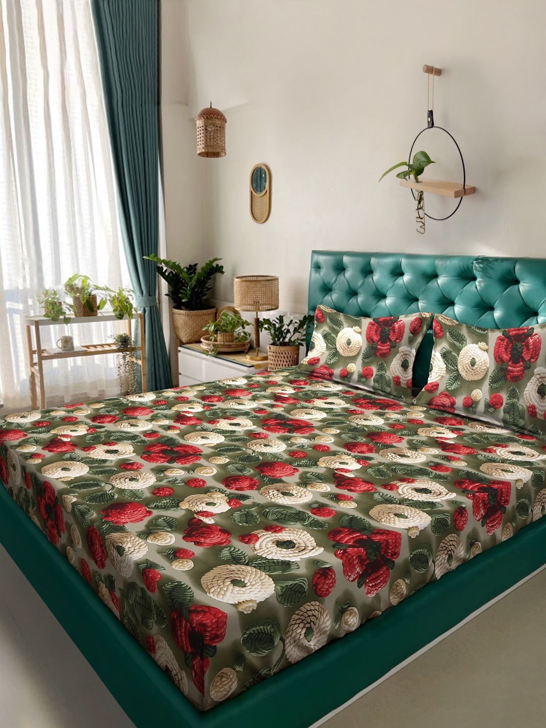 KLOTTHE Green Floral Printed Flat 300 TC King 7D Cadar Dengan 2 Sarung Bantal