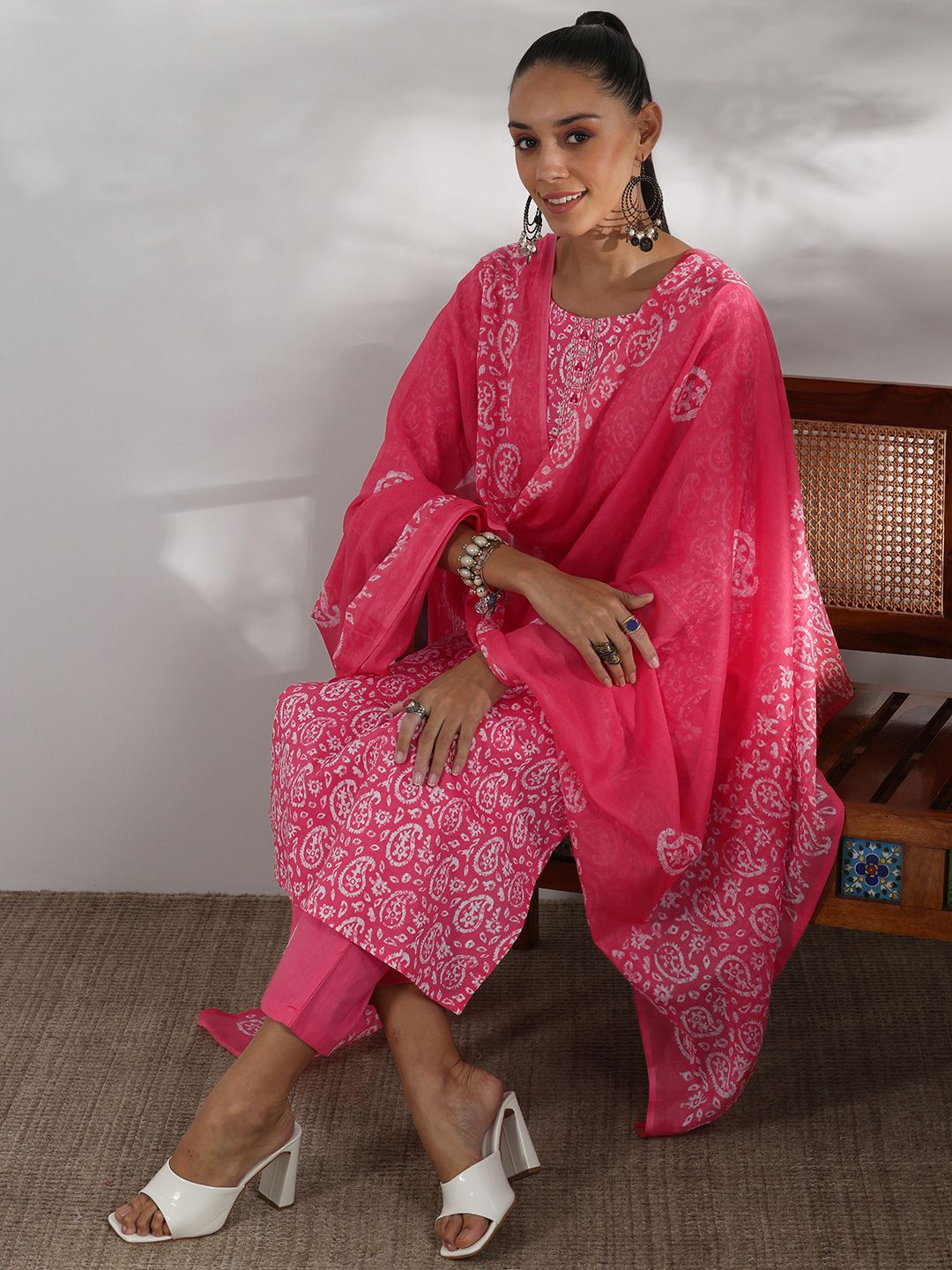 Libas Paisley Printed Regular Thread Work Pure Cotton Kurta With Trousers With Dupatta