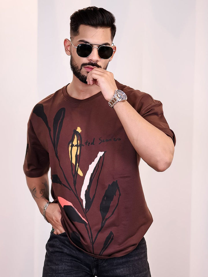Eszett Lelaki Floral Printed Leher Bulat Kapas Bersaiz Besar T-shirt