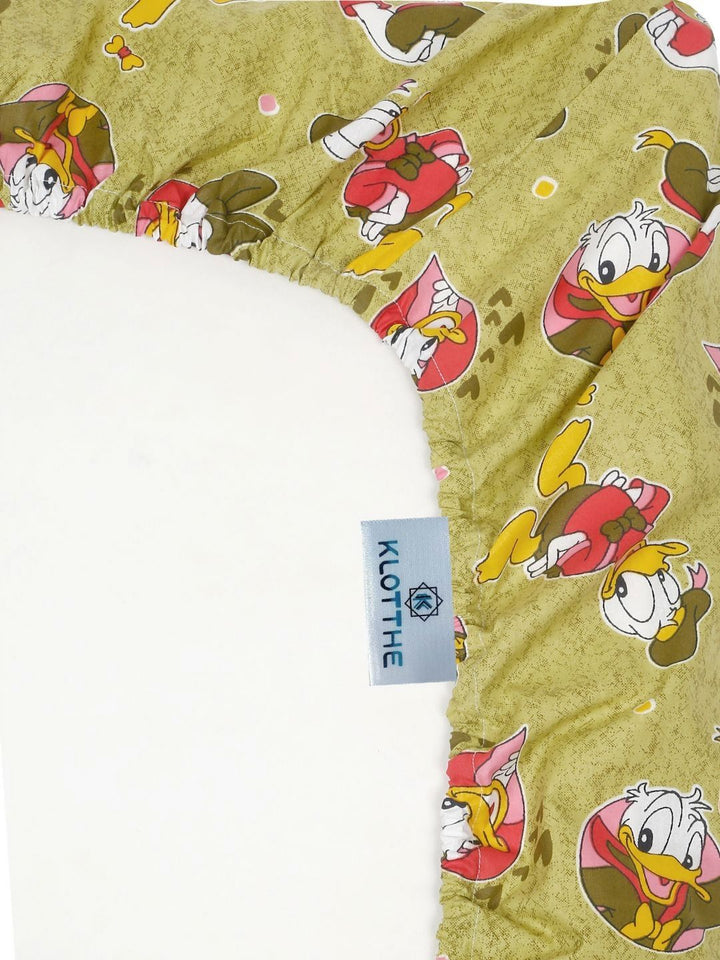 KLOTTHE Kids Green Cartoon Printed Cotton 400TC Fitted Single Bedsheet Set 2.25m x 1.5m