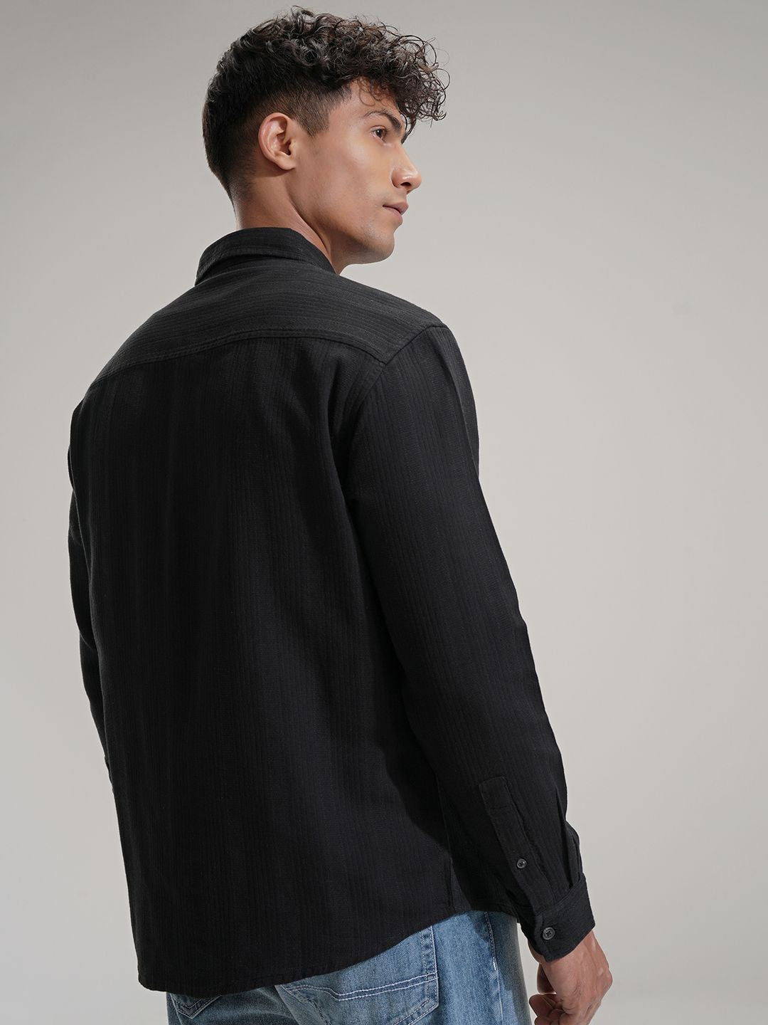 HIGHLANDER Men Comfort Relaxed Fit Textured Spread Collar Cotton Casual Shirt