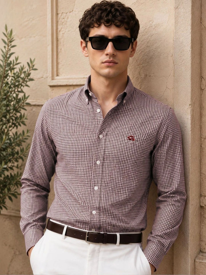ADRO Men Brown & White Mini Checked Regular Fit Casual Cotton Shirt