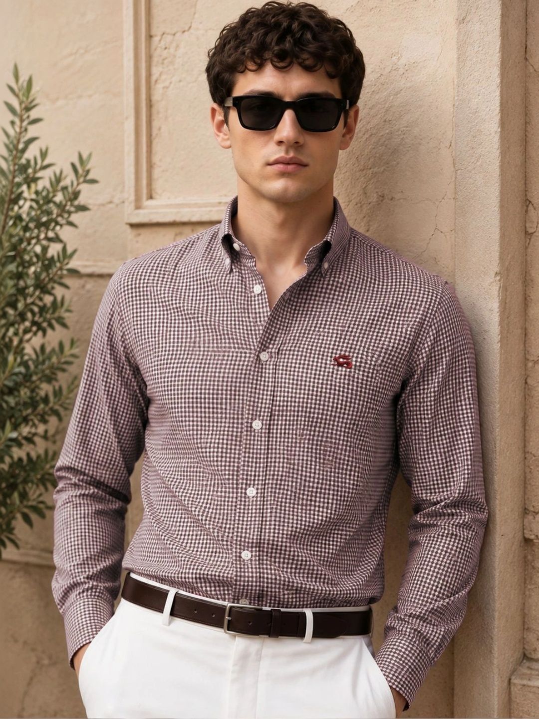 ADRO Men Brown & White Mini Checked Regular Fit Casual Cotton Shirt