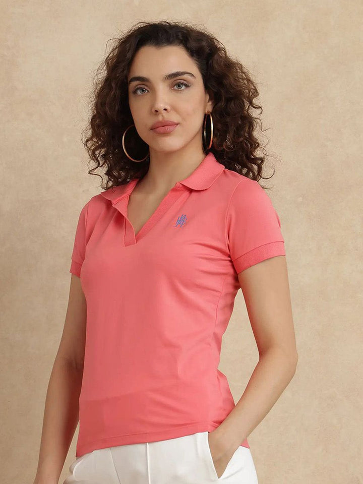 RAREISM Women Solid Polo Collar Cotton T-shirt