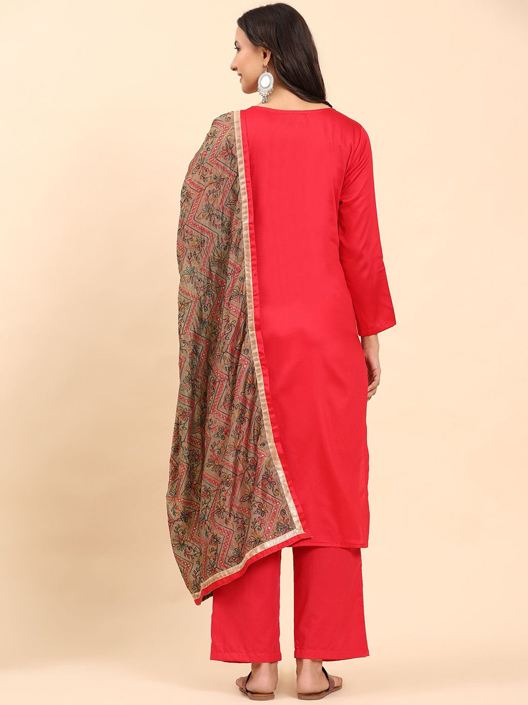 Mamicha Women Floral Yoke Design Thread Work Pure Cotton Kurta with Palazzo & Dupatta