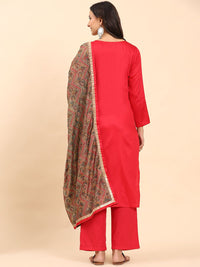 Mamicha Women Floral Yoke Design Thread Work Pure Cotton Kurta with Palazzo & Dupatta