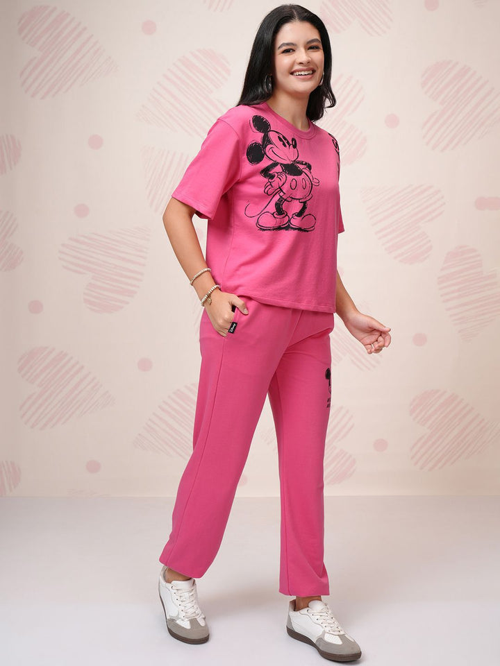Tokyo Talkies Pink Disney Mickey Mouse Printed Round Neck Pure Cotton T-Shirt & Jogger