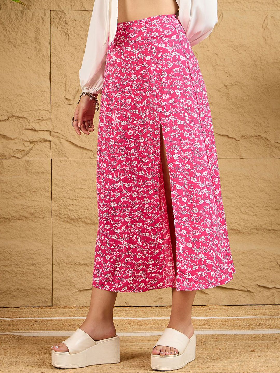 Berrylush Women Floral Print High Waist A-Line Front Slit Midi Skirts