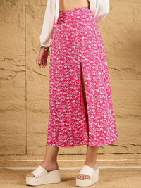 Berrylush Women Floral Print High Waist A-Line Front Slit Midi Skirts