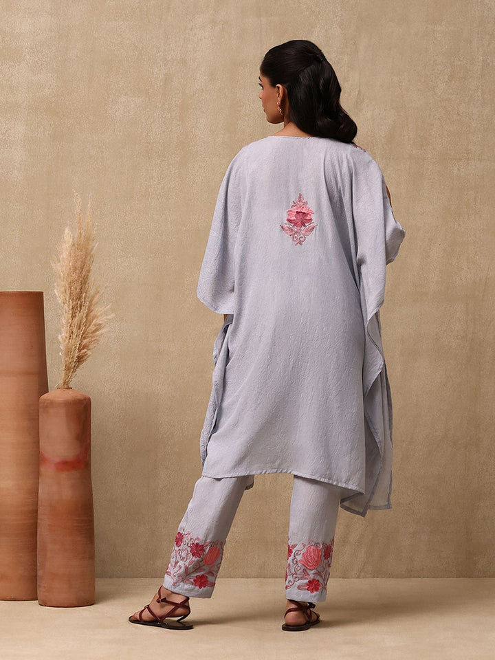 House of Chikankari Crafts Aari Embroidered Solid Women's Kaftan Set - Grey