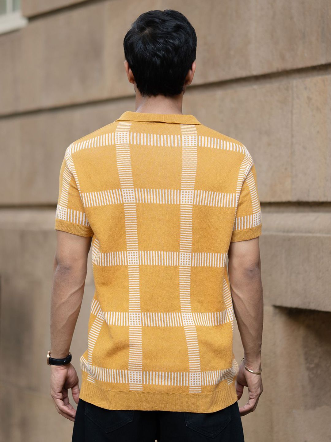 Powerlook SS25 Knitted Checked Polo Collar Pure Cotton T-Shirt