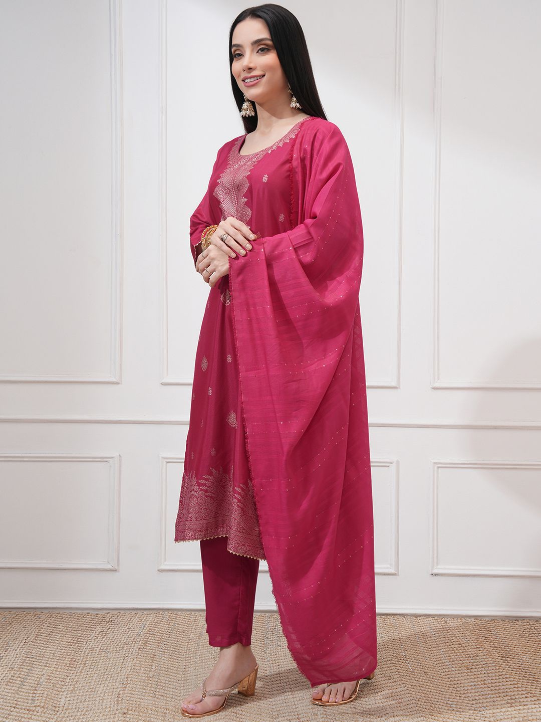 Vishudh Ethnic Woven Design Jacquard Straight Kurta With Trouser And Dupatta