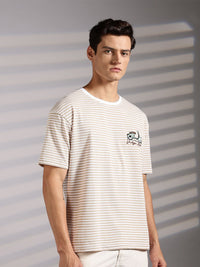 Eszett Drop Shoulder Vintage Ride Cream Striped Embroidered Cotton Round Neck Oversized Fit T-shirt